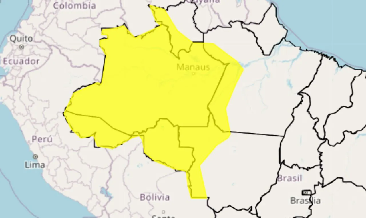 O mapa mostra as áreas em alerta para chuva intensa